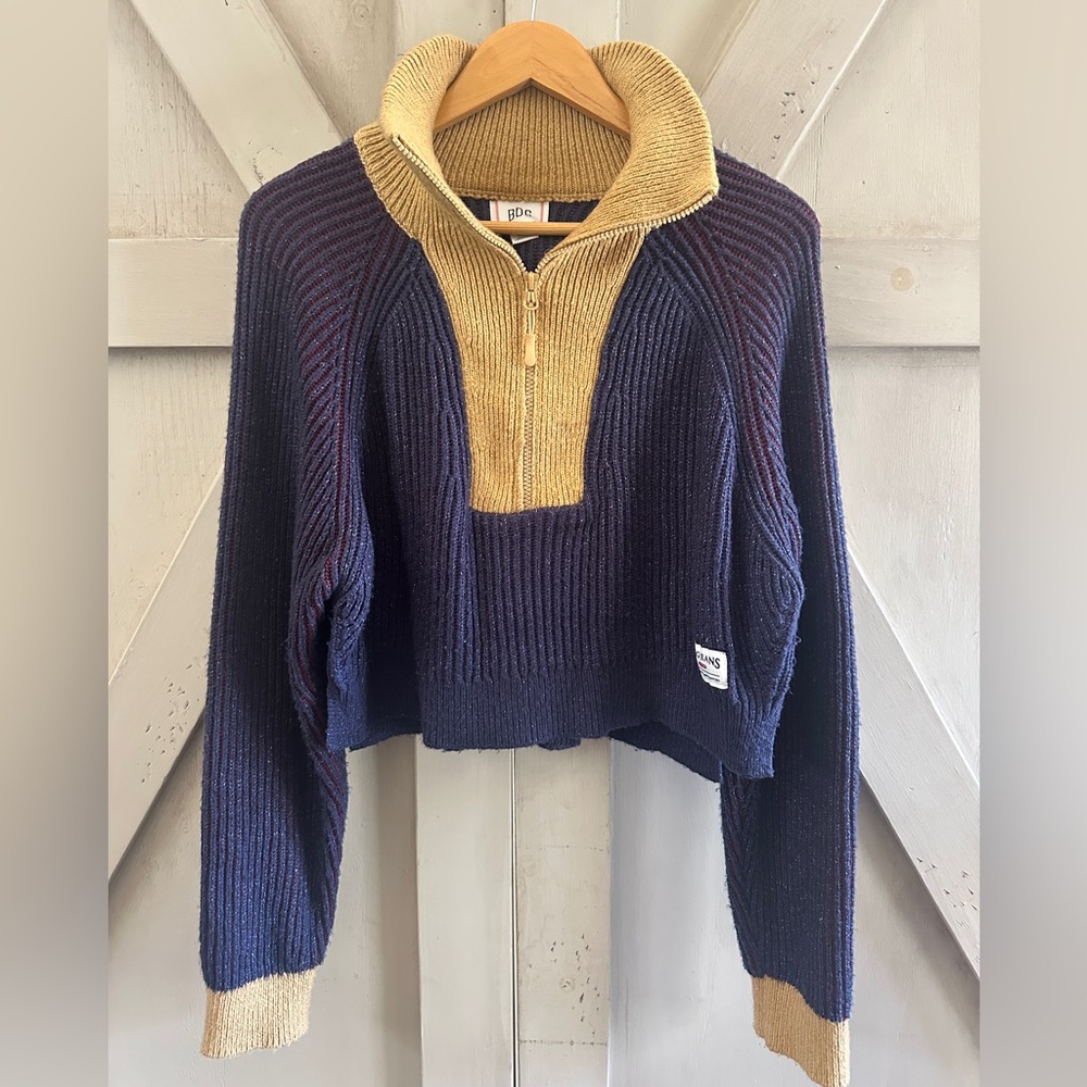 BDG Urban Outfitters Y2K Cropped Quarter Zip Sweater Navy Tan Ribbed Knit M
